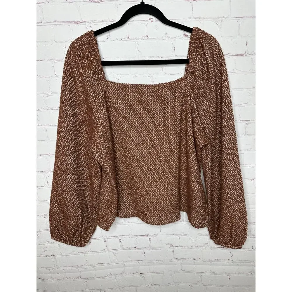 Madewell Jacquard Puff Sleeve Top Brown Women's XL Dark Merlot Fall